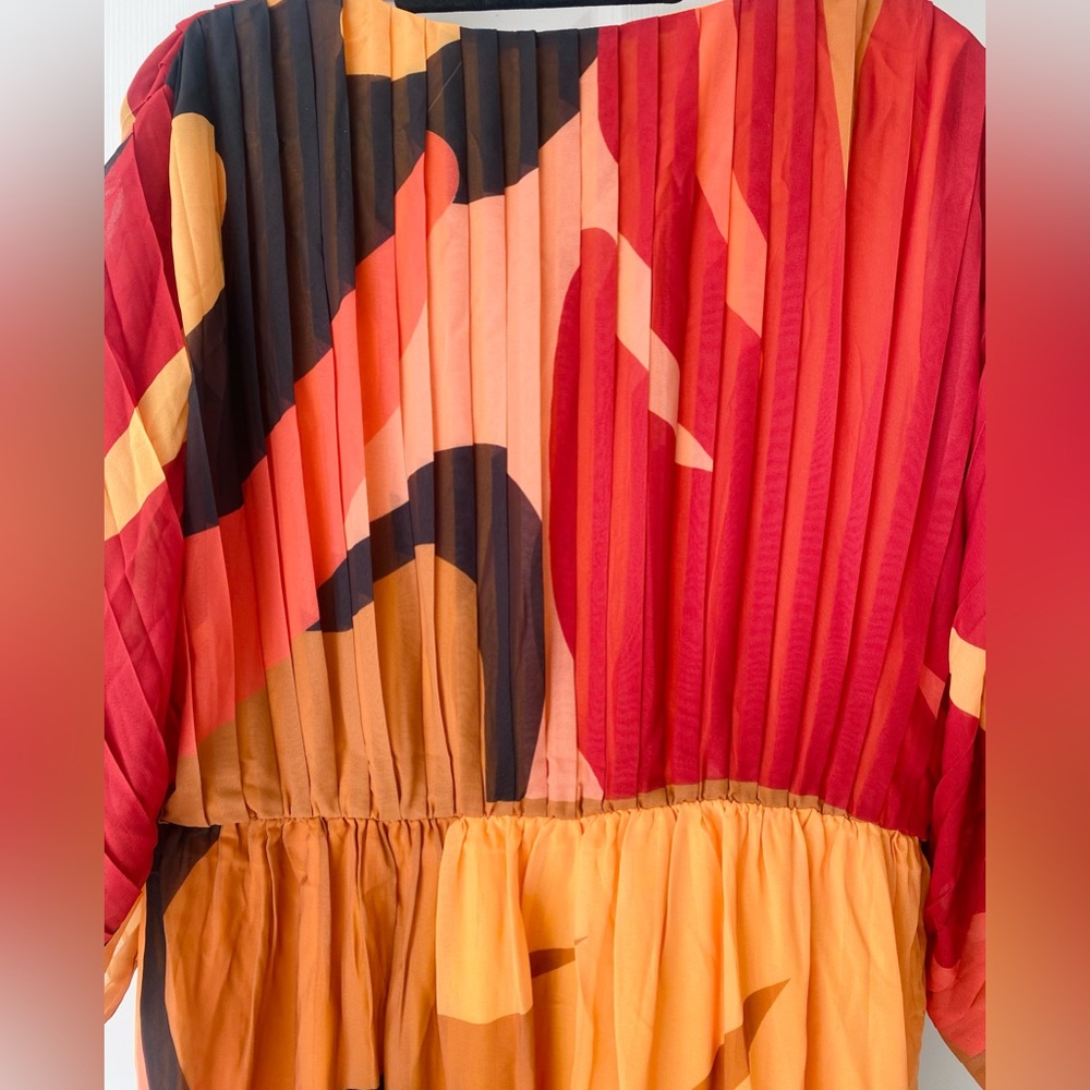 FARM Rio Red Orange & Yellow Abstract Pleated Maxi Dress - Picture 12 of 13